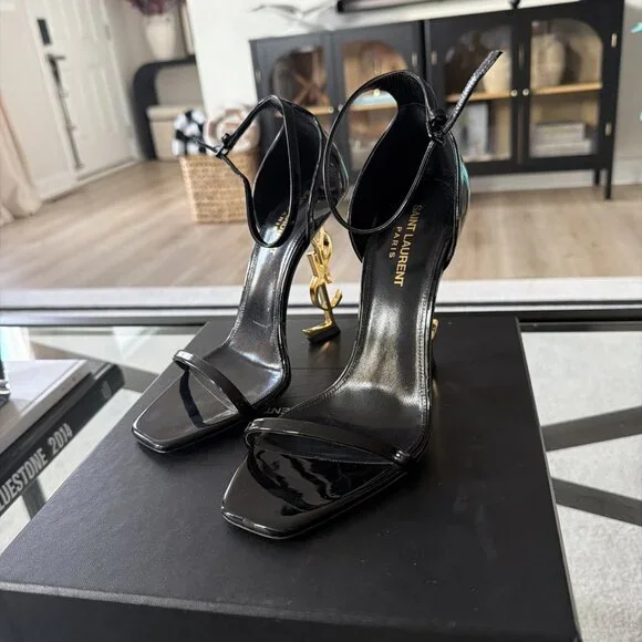 YSL Yves Saint Laurent 630109 Vernice Chiffon Nero Lucido Sandals - Picture 3 of 10